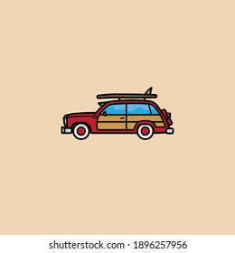 Woody Wagon Surf Trip Automobile Vector Illustration For National Woody Wagon Day On July 18. Surfer Car Symbol.