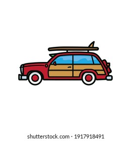 Woody Wagon surf trip automobile isolated vector illustration for National Woody Wagon Day on July 18. Surfer car symbol.