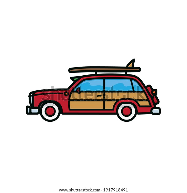 Woody Wagon surf trip automobile isolated vector\
illustration for National Woody Wagon Day on July 18. Surfer car\
symbol.