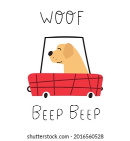 Woof. Beep beep. Dog driving a car. Illustration on white background.