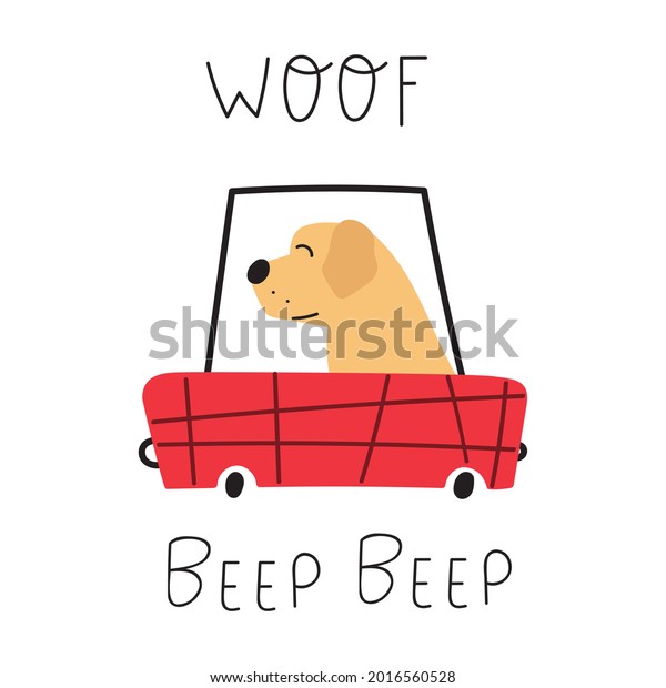 Woof. Beep beep. Dog driving a car.\
Illustration on white\
background.