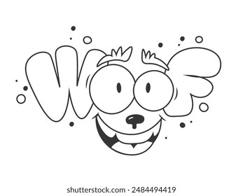 Woof. Cartoon Line art illustration with a dog's face. Stared eyes. Vector hand lettering isolated on white background.