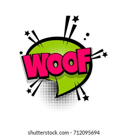 WOOF dog, wolf lettering. Comics book balloon. Bubble icon speech phrase. Cartoon font label tag expression. Comic text sound effects. Sounds vector illustration.