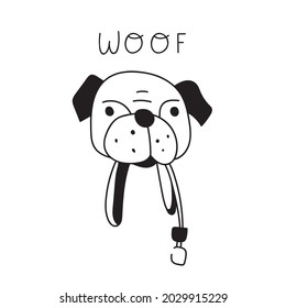 Woof. Head of pug with leash in mouth. Outline vector illustration on white background.