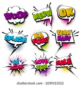 woof meow ok kapow sale love set hand drawn pictures effects template comics speech bubble halftone dot background pop art style. Comic dialog cloud, text pop-art. Conversation sketch explosion.