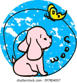 Woof. Puppy with butterfly, T-shirt design vector illustration