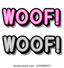 Woof - retro lettering with shadows on a white background. Vector bright illustration in vintage pop art style. 