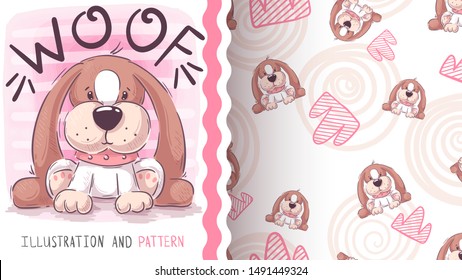 Woof teddy dog - seamless pattern. Hand draw