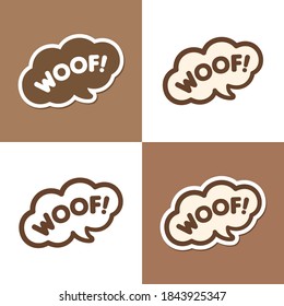 Woof! text in a speech bubble balloon design set. Cartoon comics dog bark sound effect and lettering. Simple flat vector illustration on white or brown background.