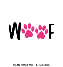 Woof - word with dog footprint. - funny pet vector saying with puppy paw, heart. Good for scrap booking, posters, textiles, gifts, t shirts.