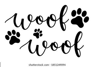 Woof word with paw marks hand drawn lettering ink in black vector illustration. Brush calligraphy isolated on white background for design purposes.