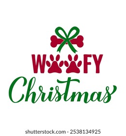 Woofy Christmas calligraphy hand lettering. Funny dog Christmas quote. Pets pun. Vector template for typography poster, greeting card, banner, sticker, etc