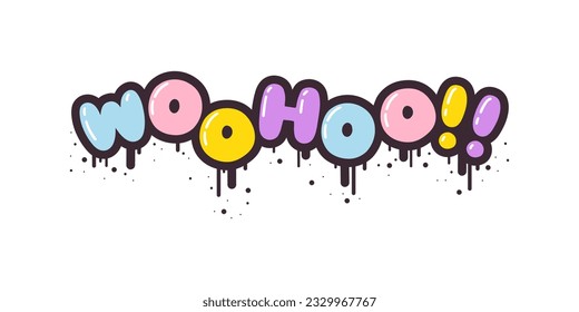 Woohoo - lettering short slogan quote in cute retro graffiti style. Bubble hand drawn letters with black stroke and streaks of paint splashes. Vector isolate on white background