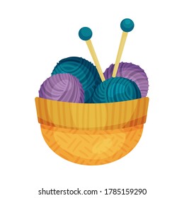 Wool Ball with Knitting Needle or Knitting Pin in Basket as Needlework Tools Vector Illustration