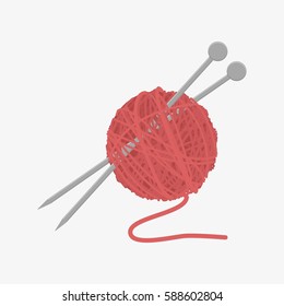 Wool ball with knitting needles. Isolated on white background. Flat vector stock illustration