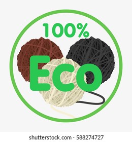 Wool ball set. 100 percent eco. Isolated on white background. Flat vector stock illustration