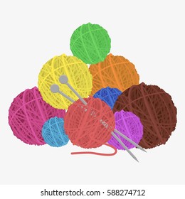 Wool ball set. Knitting needles. Isolated on white background. Flat vector stock illustration