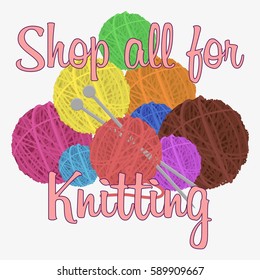 Wool ball set. Shop for knitting. Isolated on white background. Flat vector stock illustration