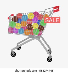 Wool ball set. Shopping cart with yarns. Isolated on white background. Flat vector stock illustration