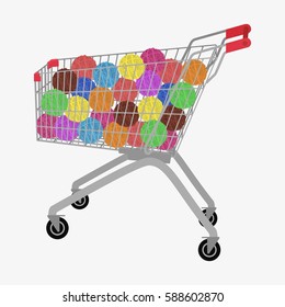 Wool ball set. Shopping cart with yarns. Isolated on white background. Flat vector stock illustration