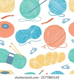 Wool balls seamless pattern. Knitting needles with color threads. Pins and hooks for crochet. Workshop repeated print with handcrafted elements. Yarn skeins. Splendid