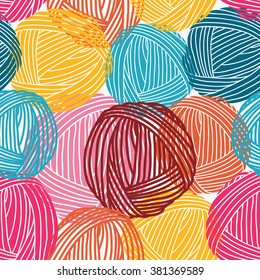 Wool balls, yarn skeins. Seamless pattern. Colorful background.