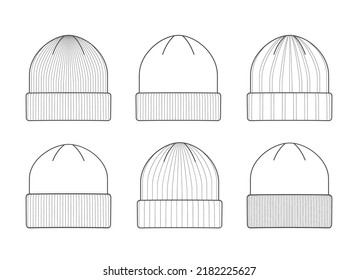 Wool beani caps. Beanies running cap sketches, flat beanie templates, winter knitted designed hats, knitting head football garments, vector illustration