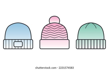 Wool beanie caps line icon set. Winter knitted hats. Thin line art  Editable Stroke. Vector illustration