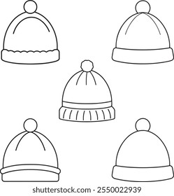 Conjunto de ícone de linha de gorro de lã. Chapéus de malha de inverno.  Ilustração vetorial