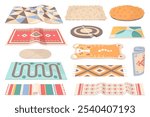 Wool carpets. Color rugs, cozy home floor textile, interior fabric elements, decorative mats, living room and nursery object, modern ornamental ethnic pattern, vector cartoon flat isolated set