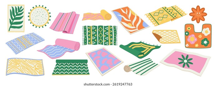 Wool carpets and textile mats. Set of decorative rugs with abstract, ethnic, and floral patterns for interior design.
