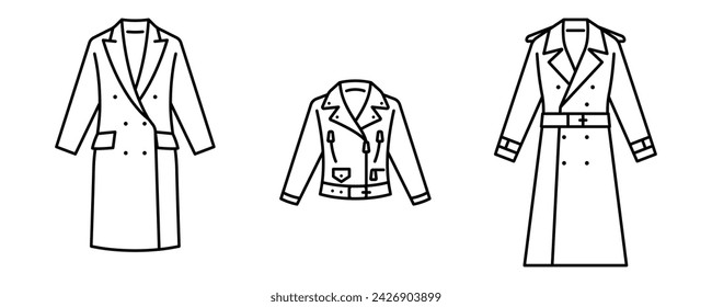 Wool coat, leather jacket, trench coat - warm outerwear in trendy style. Autumn season apparel, fall wearing. Linear illustration, editable stroke, thin line. Symbol for a clothing store, catalog