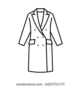 Wool coat, line icon. Double-breasted coat in trendy style. Winter season apparel, warm wearing. Linear illustration, editable stroke, thin line. Symbol for a clothing store, catalog, manufacturing