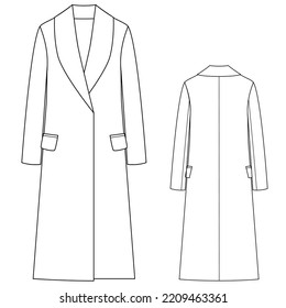 Wool Coat Vector Illustration Isolated On White Background, Front And Back View. Technical Drawing For Fashion Design