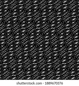 Wool or cotton fabric, patterned with wavy or short stripes, differently oriented. Textile material woven in black and white.