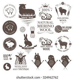 Wool design elements. Labels set of sheep, alpaca, rabbit and goat logos and emblems for 100% natural products.