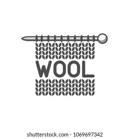 Wool emblem with knitted fabric and needle. Label for hand made, knitting or tailor shop.