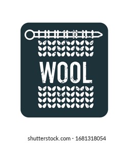 Wool emblem with knitted fabric and needle. Label for hand made, knitting or tailor shop.