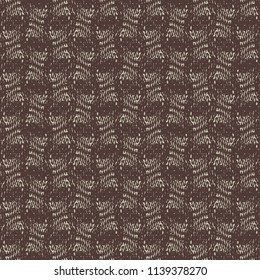 Wool fabric decorated with rounded geometric elements arranged in columns. Traditional ethnic motif. Brown carpet texture. Vector illustration.