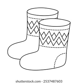 Lã botas de feltro estilo doodle. Sapatos de inverno quente, velho tradicional mão desenhado preto e branco isolado. Ilustração vetorial