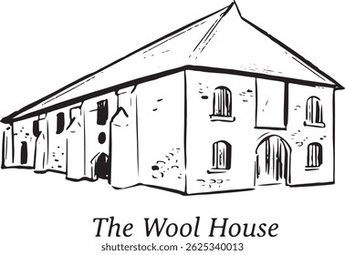 The Wool House, Southampton, England black and white ink sketch. 14th-century medieval warehouse with stone buttresses and arched doorways. Perfect for tourism, travel, and cultural heritage project.