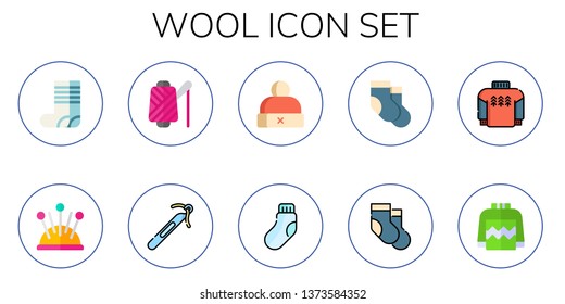 wool icon set. 10 flat wool icons.  Simple modern icons about  - socks, pin cushion, spool, crochet, winter hat, sock, pullover, sweater