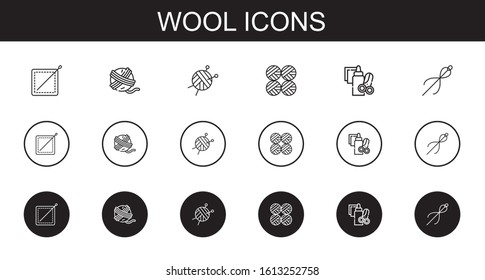 wool icons set. Collection of wool with sewing, yarn ball, wool ball, balls, handcraft. Editable and scalable icons.