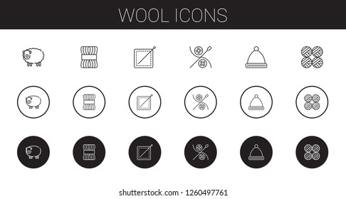 wool icons set. Collection of wool with sheep, sewing, winter hat, wool balls. Editable and scalable wool icons.