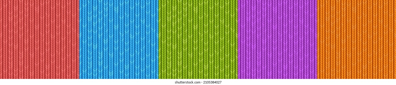 Wool knit, sweater fabric texture. Vector cartoon set of seamless patterns with knitting textile, red, green, blue, orange and purple warm jersey material swatches