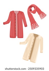 Wollgestrickter Strickvektor. Schal Clipart. Herbst- oder Winterkleidung Clipart. Kostüm, Mode. Herbstelement, Winterelement. Flacher Vektor im Cartoonstil, einzeln auf weißem Hintergrund.