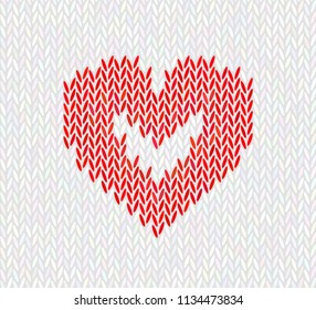 Wool knitted pattern with red heart on white background. Seamless vector on theme of Valentine's Day, Merry Christmas. Suitable for congratulations, romantic mood, wallpaper.