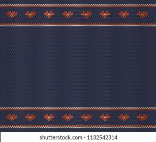 Wool knitted pattern with red  hearts on blue  background. Vector on theme of Valentine's Day, Christmas. Suitable for congratulations, romantic mood, wallpaper. Perfect place for your text. 