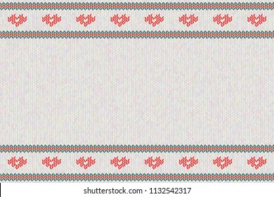 Wool knitted pattern with red  hearts on white background. Vector on theme of Valentine's Day, Christmas. Suitable for congratulations, romantic mood, wallpaper. Perfect place for your text. 