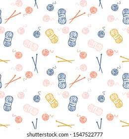 Wool and knitting accessories doodle seamless pattern. Vector Hobby Background. Hygge Lifestyle.